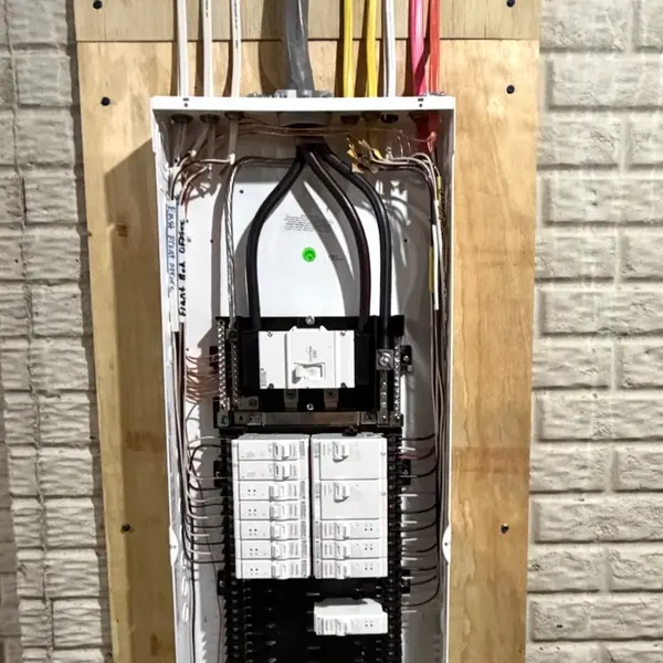 New main electrical panel on a plywood backer against a painted block wall, every breaker landed and every circuit labelled by hand