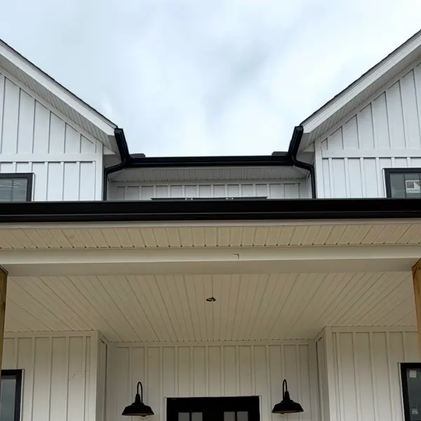 Entry of a new white board-and-batten house with a pair of black gooseneck lights either side of the double doors